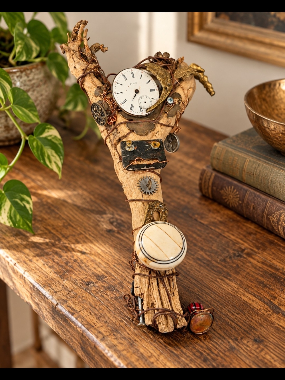 OOAK Found Object Assemblage Sculpture Elgin Watch Driftwood Steampunk Art